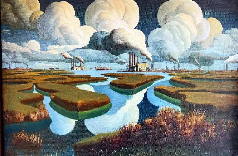 Easton Cain, Fort Worth Marshland, Evening, Oil on canvas, 24 x 28.5 in., 2026, Emerald Thinker Gallery