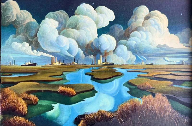 Easton Cain, Fort Worth Marshland, Morning, Oil on canvas, 24 x 28.5 in., 2026, Emerald Thinker Gallery