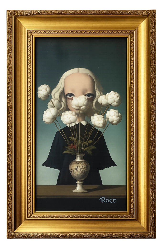 Rick Roco, Behind Her Eyes, Oil on canvas, 21 x 10 in., 2025, Emerald Thinker Gallery