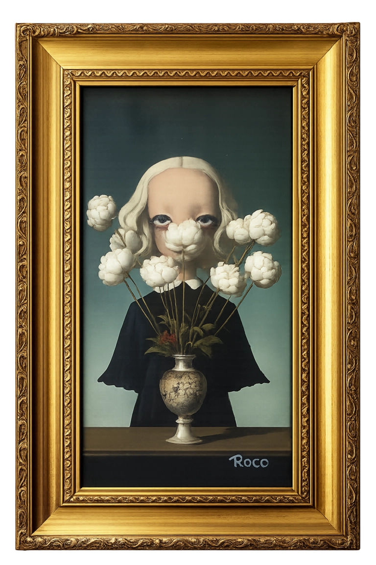 Rick Roco, Behind Her Eyes, Oil on canvas, 21 x 10 in., 2025, Emerald Thinker Gallery